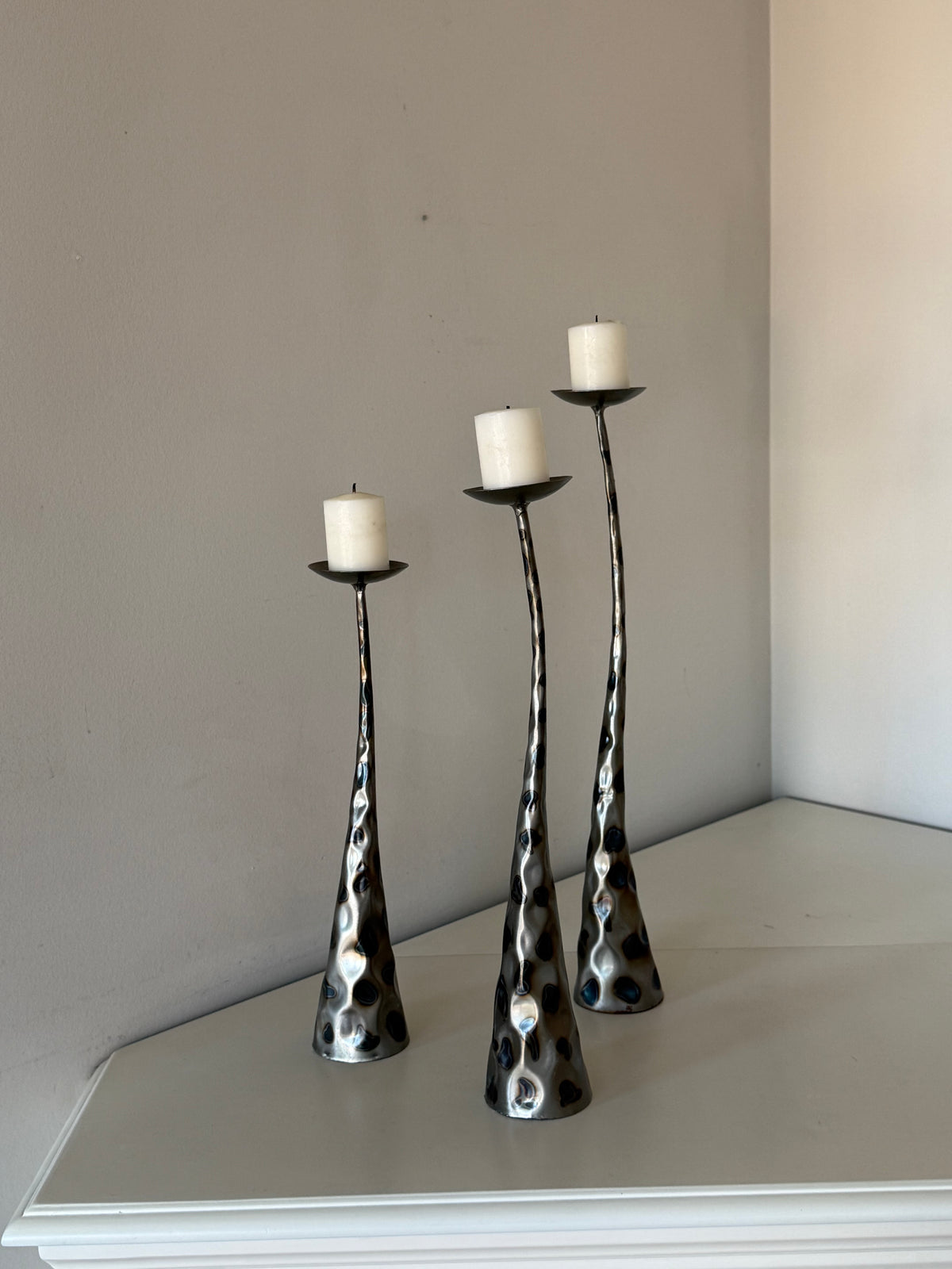 Vintage Brutalist Style Sculptural Metal Pillar Candle Holders – Set of Three