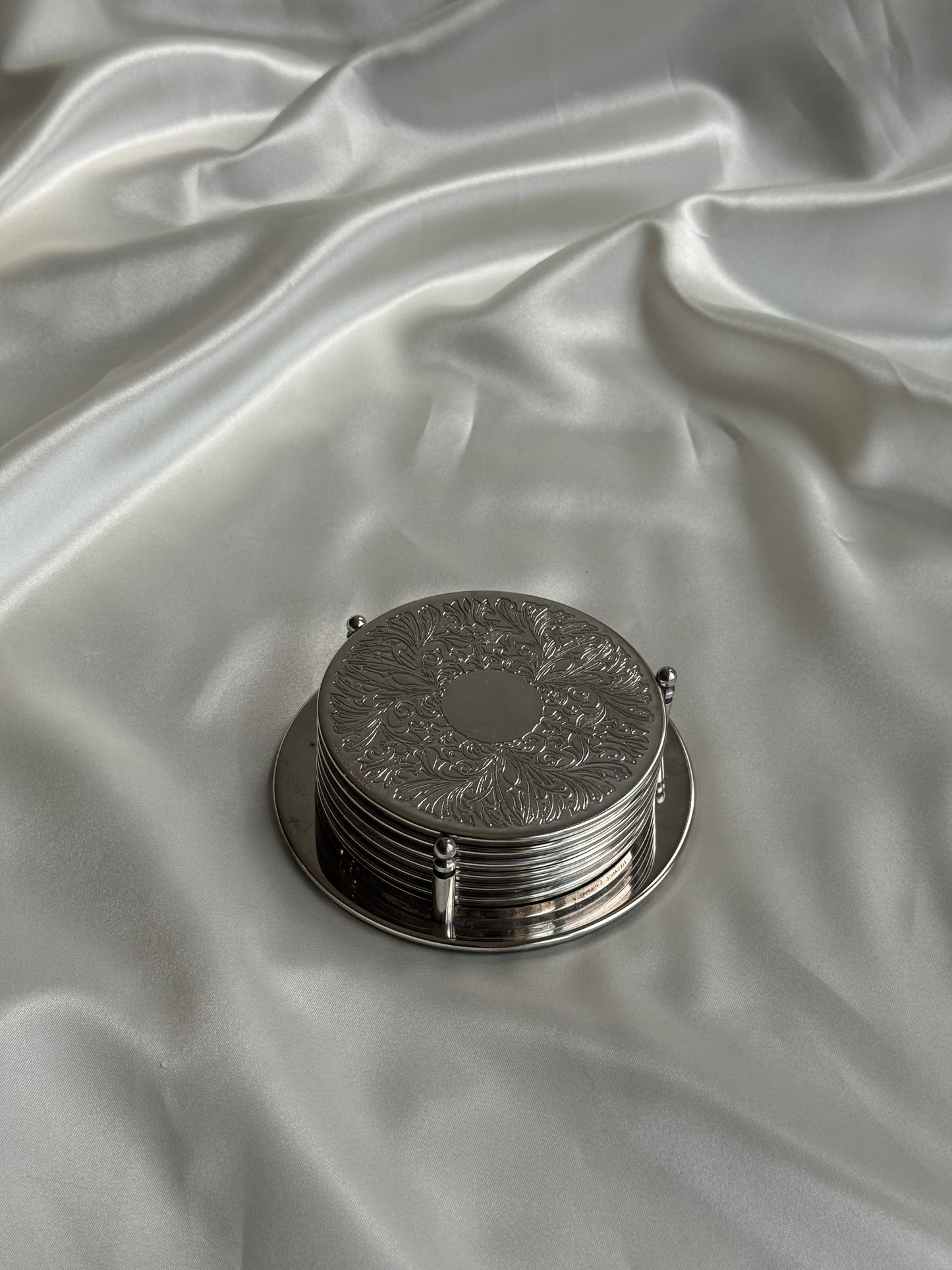 Vintage Silver-Plated Engraved Coaster Set