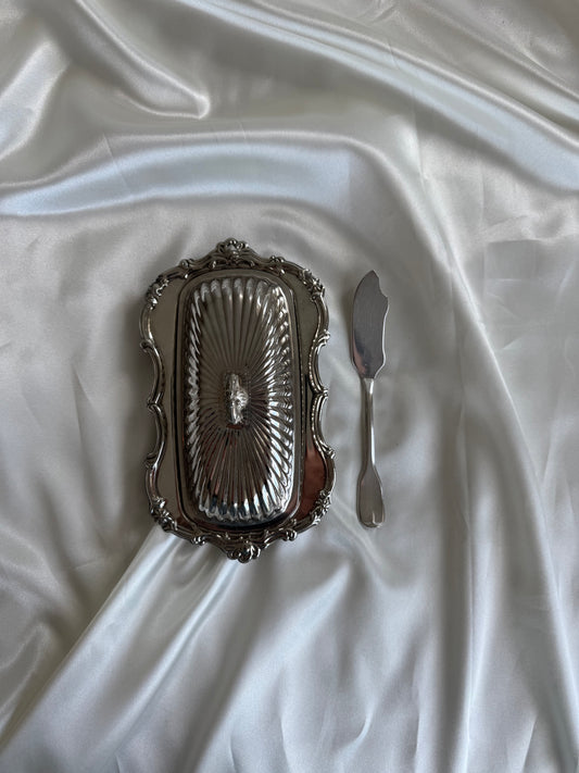 Vintage Silver-Plated Butter Dish with Glass Insert & Butter Knife