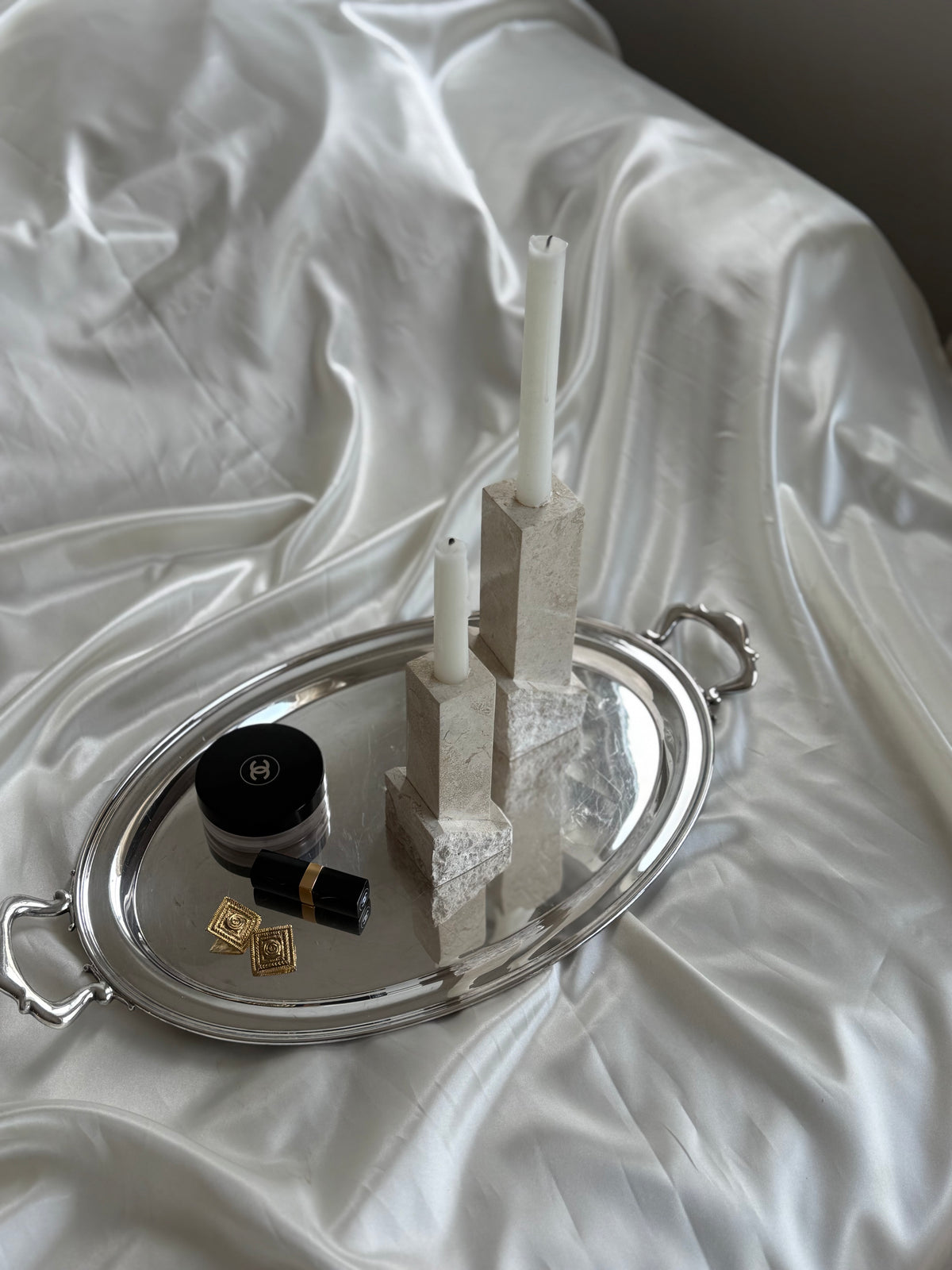 Vintage Renoir Designs Sculptural Travertine Candle Holders – Set of 2