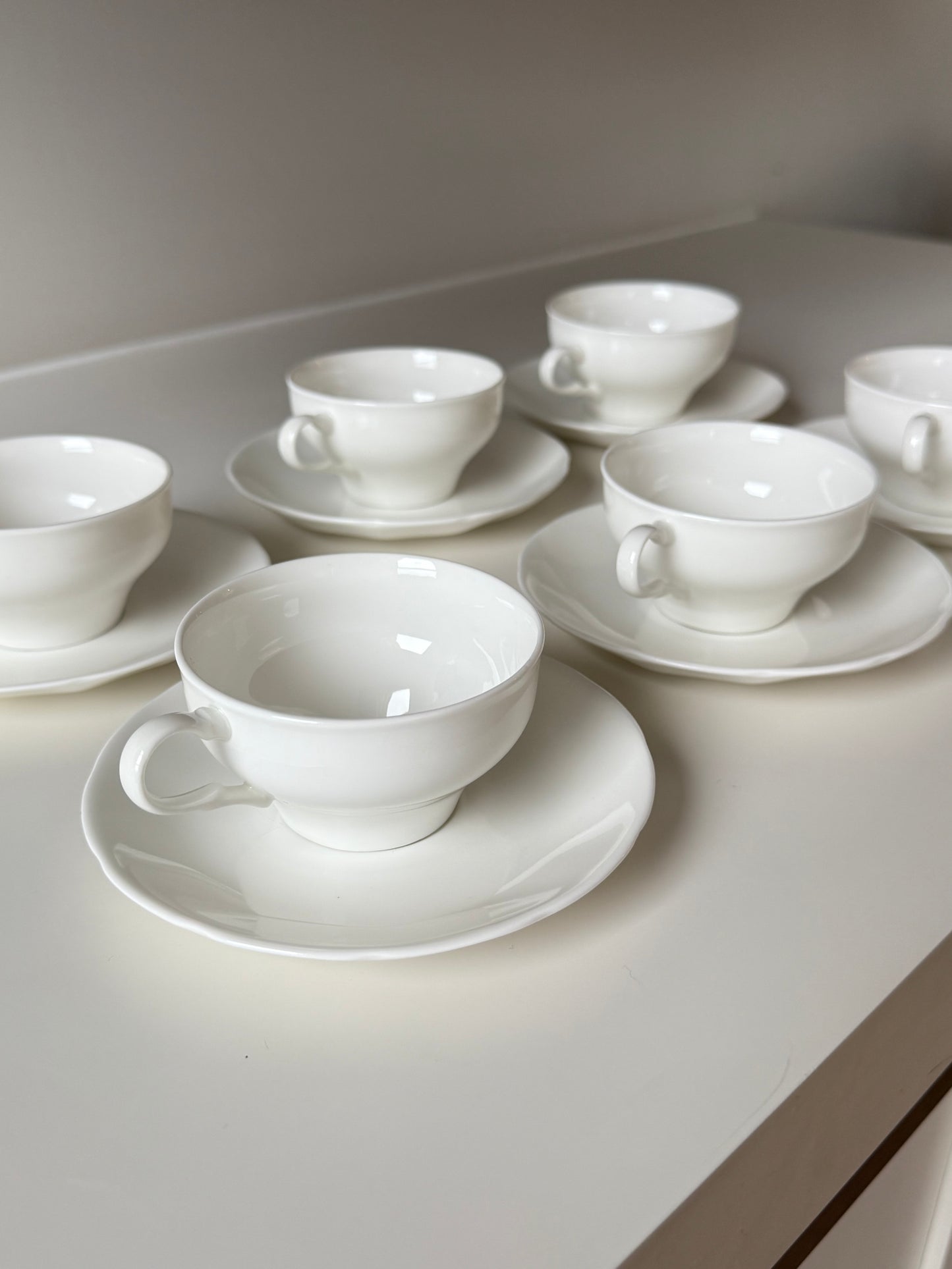 Set of 6 White Porcelain Cups & Saucers