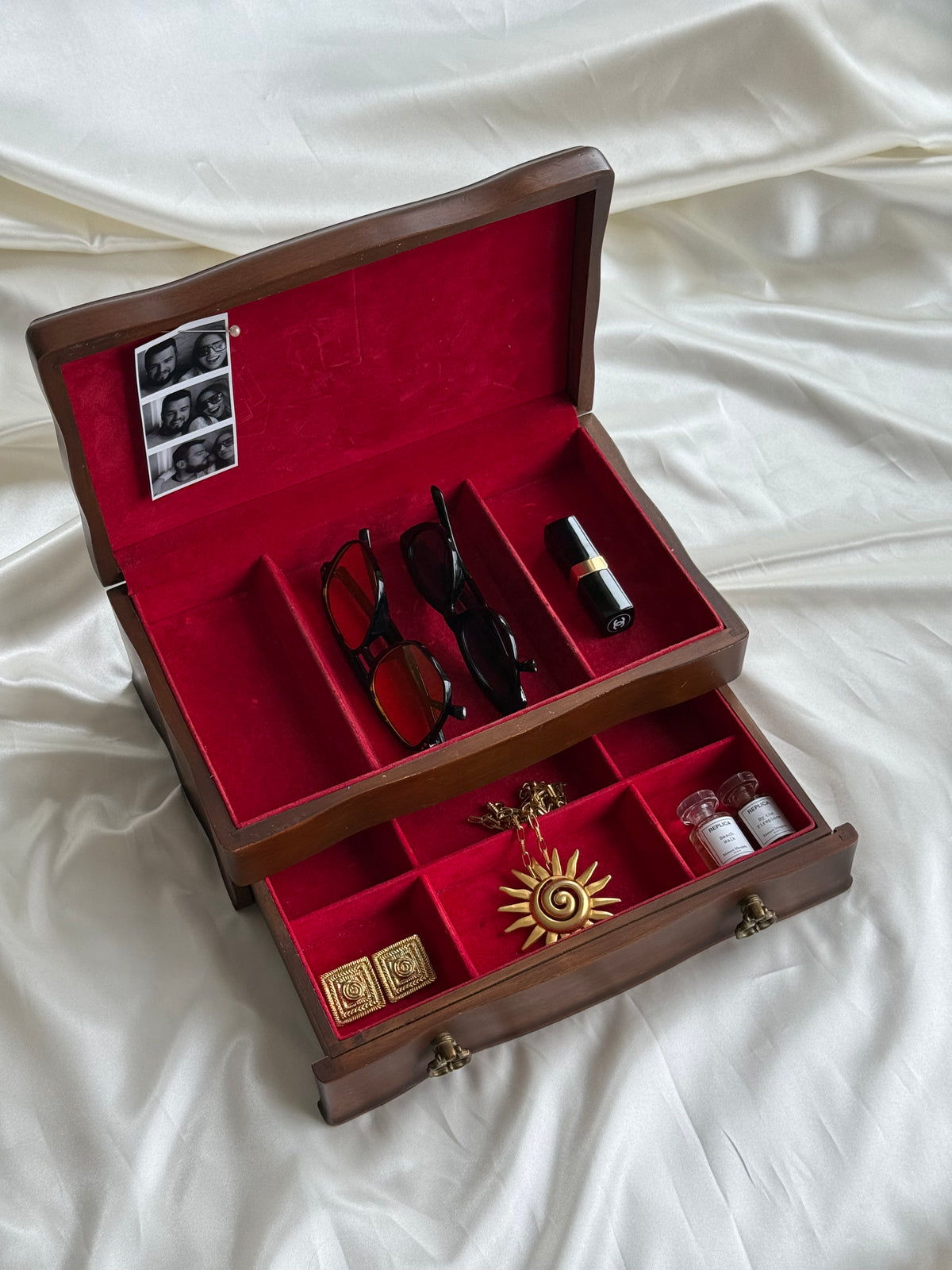 Vintage Wooden Jewelry Box with Red Velvet Interior