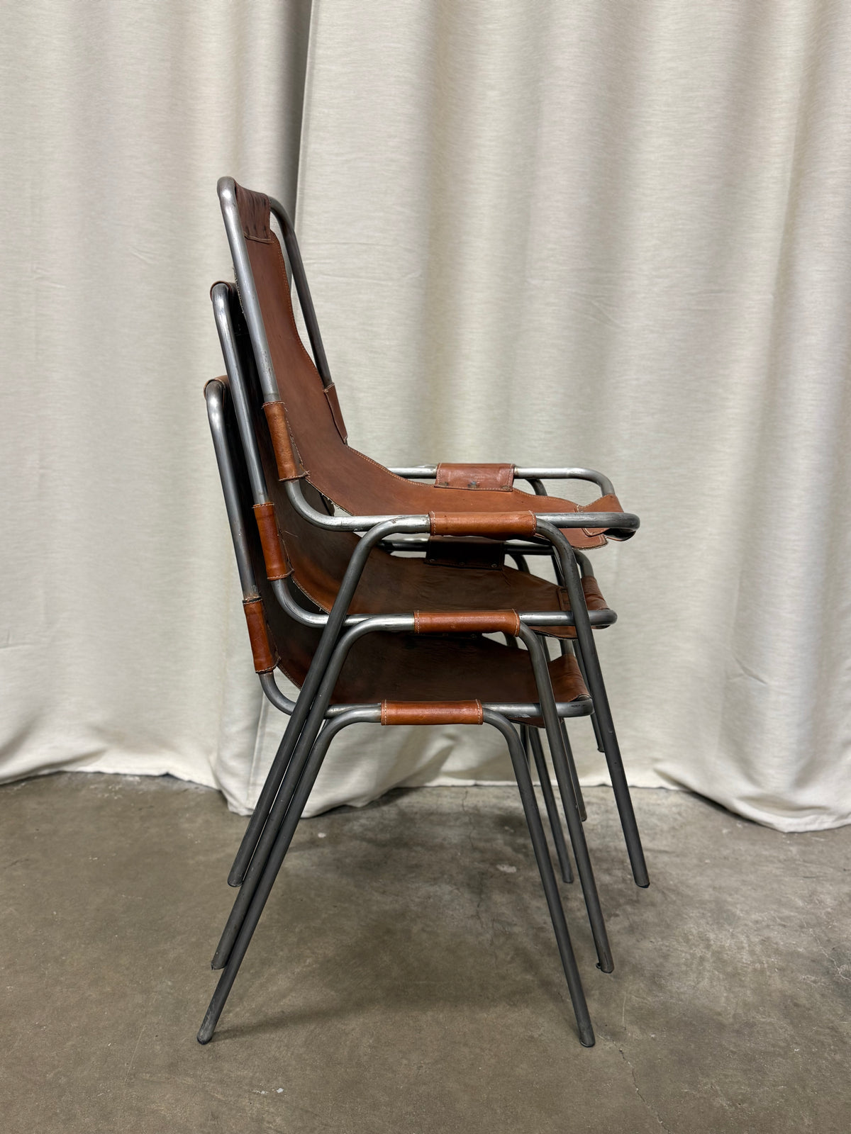 Set of 3 Vintage Dal Vera Model 860 “Les Arcs” Cognac Leather Chairs, c. 1960s–70s