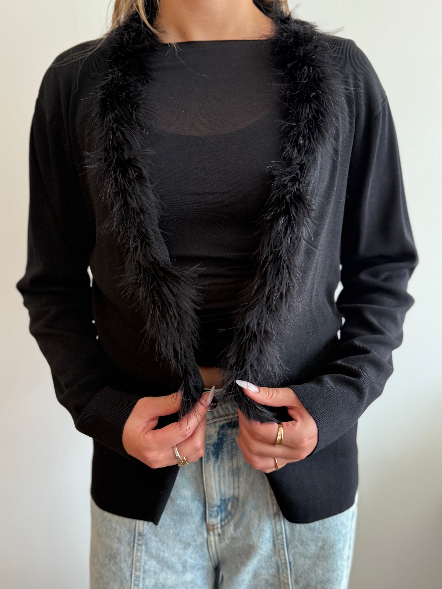 Vintage Black Feather-Trim Knit Cardigan