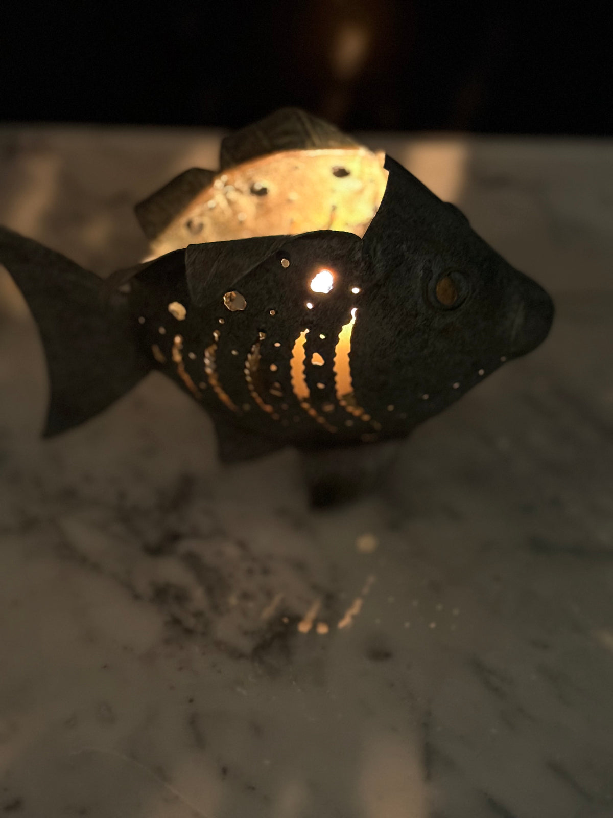 Vintage Pierced Metal Fish Candle Holder
