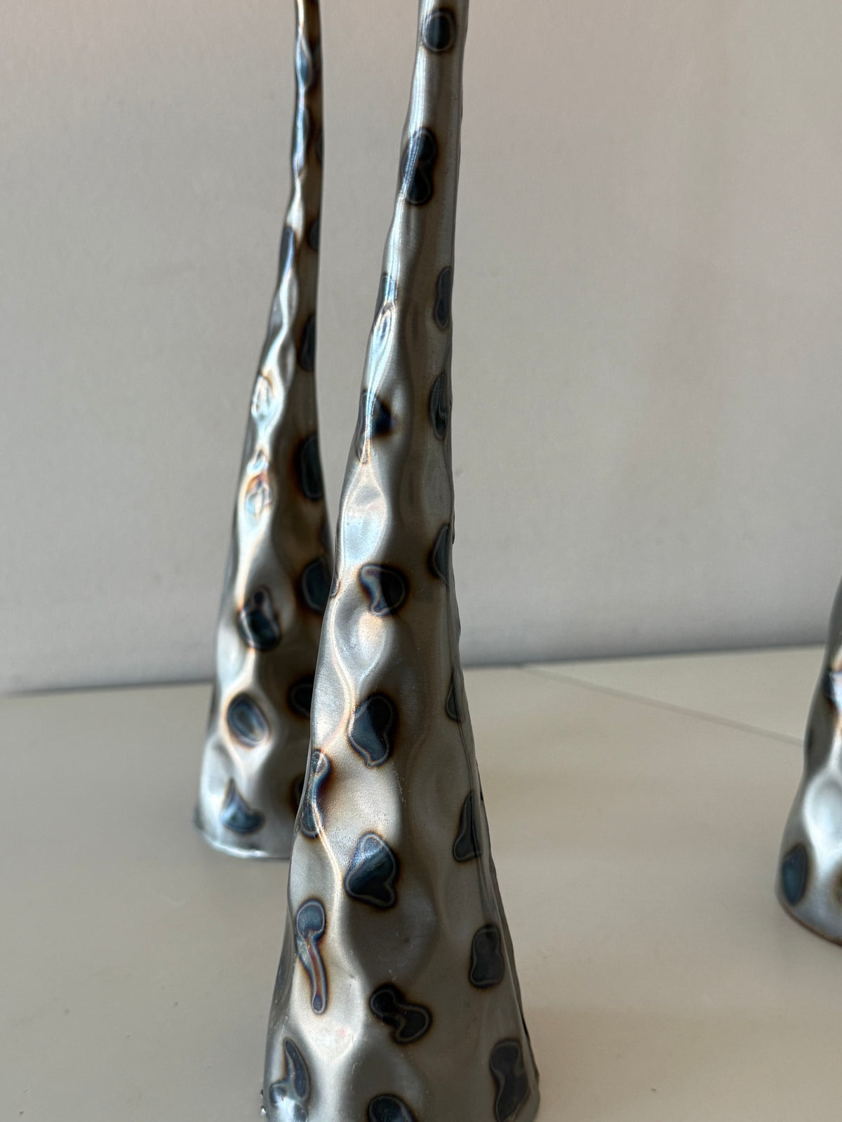 Vintage Brutalist Style Sculptural Metal Pillar Candle Holders – Set of Three