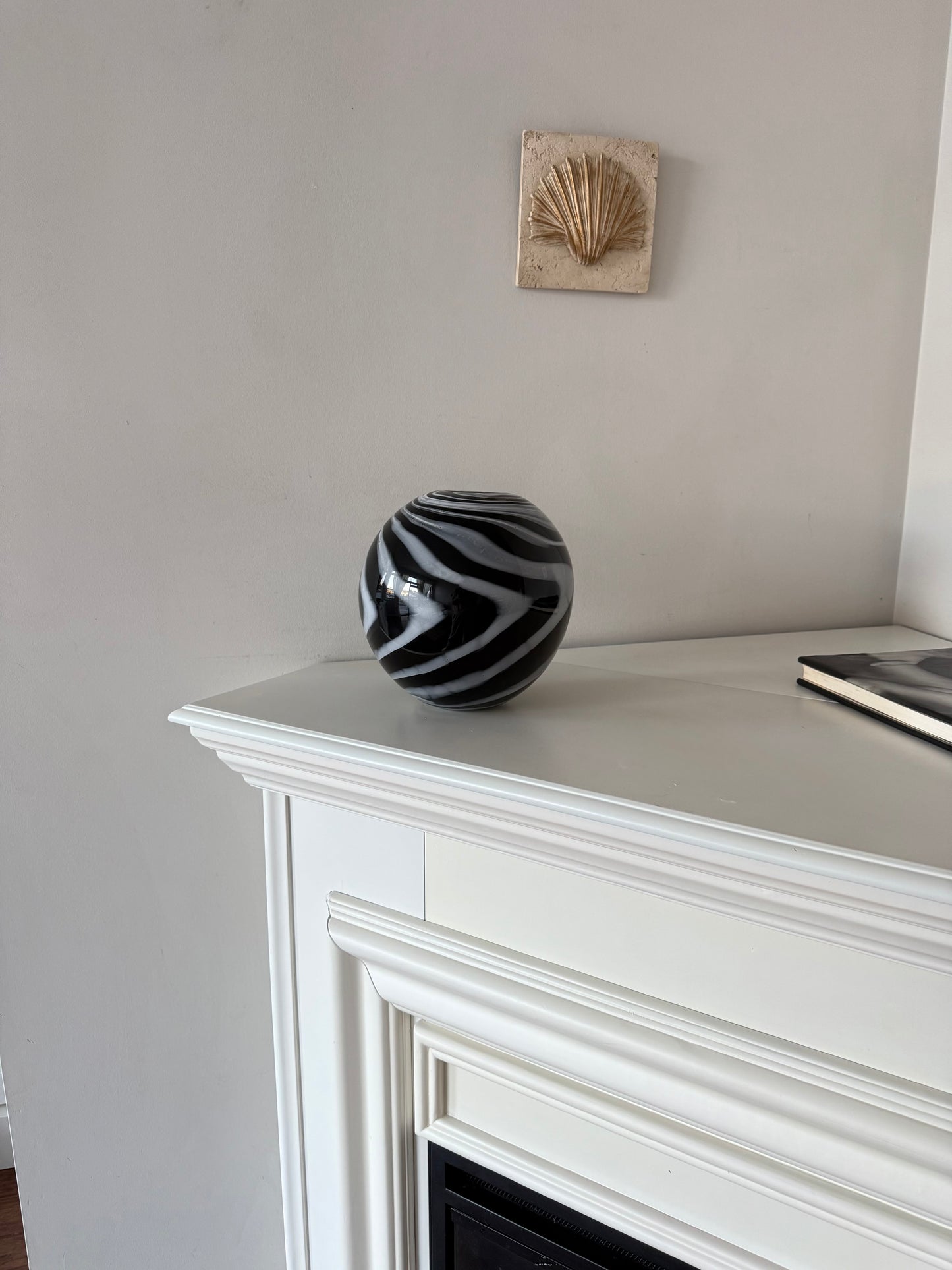 Vintage Hand-Blown Black & White Swirl Glass Vase
