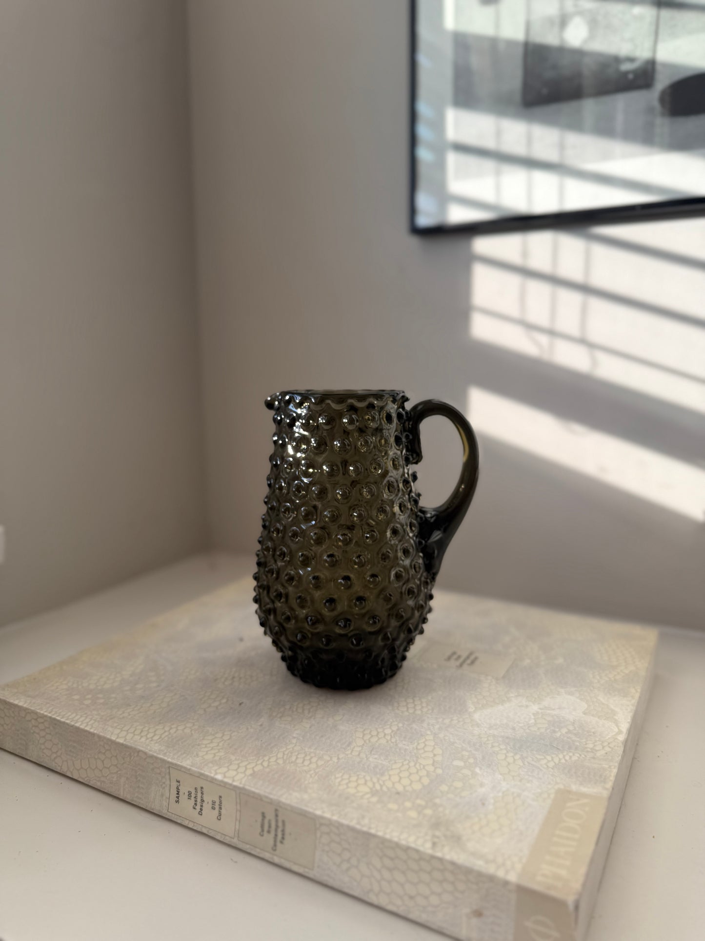 Vintage Smoky Glass Hobnail Pitcher