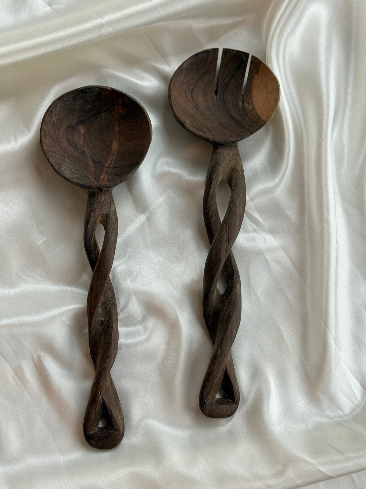 Vintage Hand-Carved Wooden Salad Servers – Sculptural Twisted Handles
