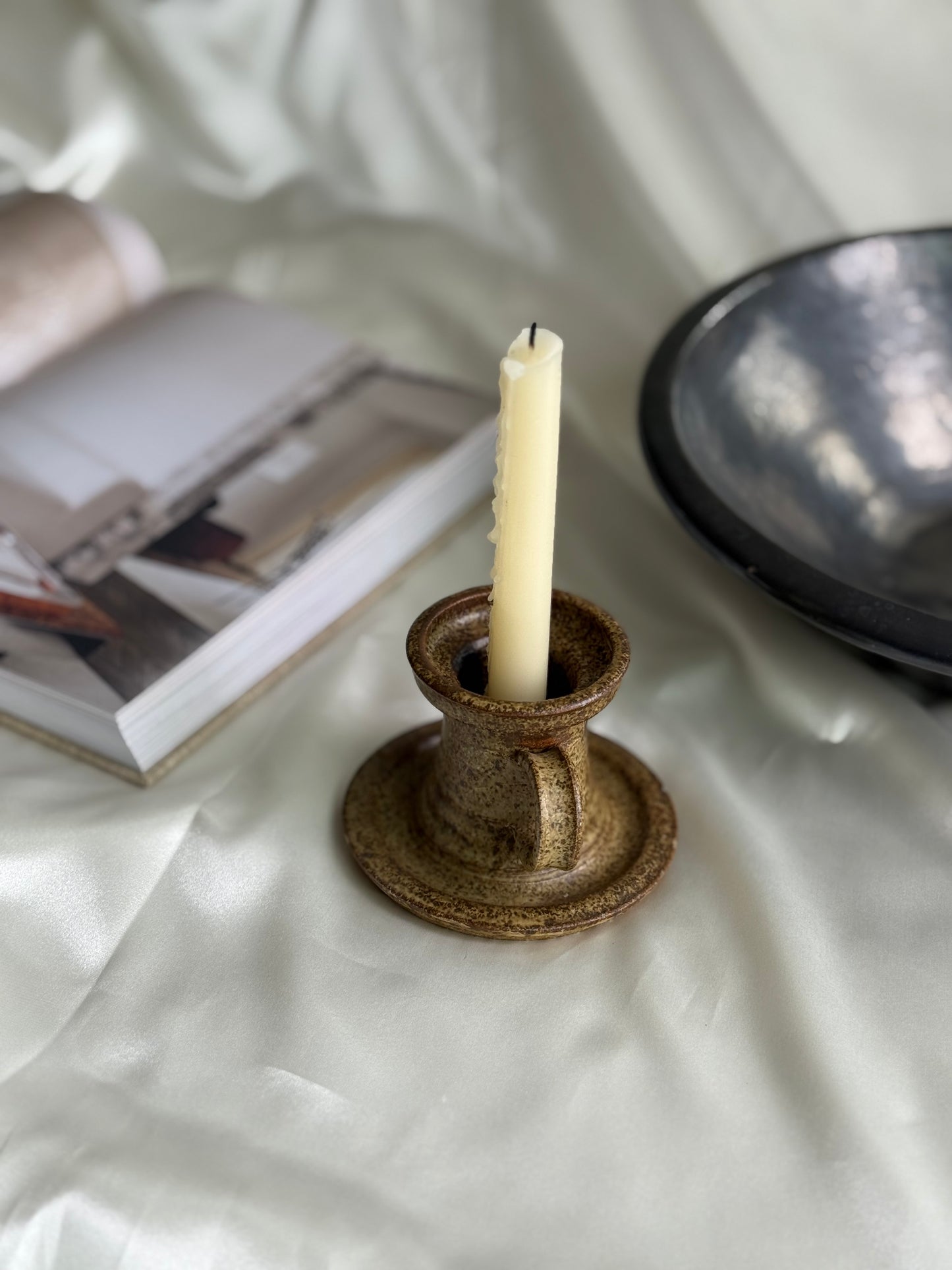 Vintage Speckled Stoneware Chamberstick – Earthy Studio Pottery Candleholder