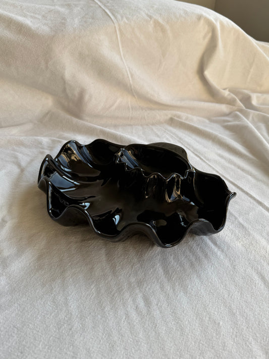 Vintage Black Ceramic Ruffled Serving Dish
