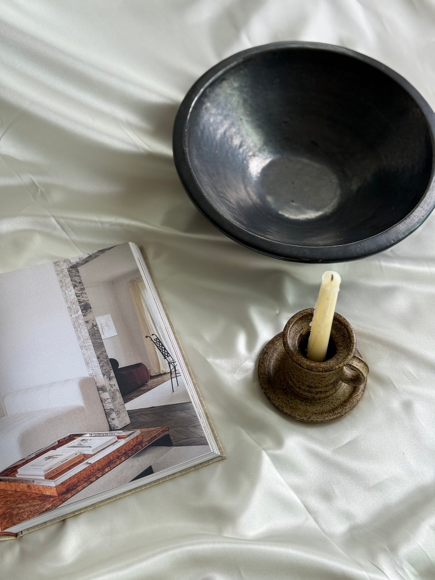 Vintage Speckled Stoneware Chamberstick – Earthy Studio Pottery Candleholder