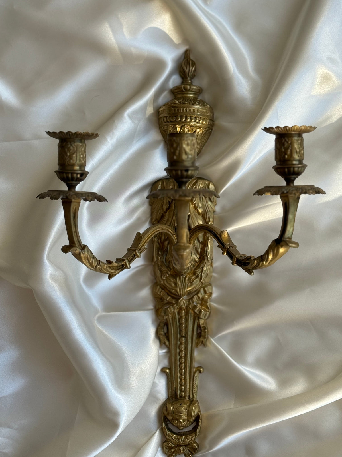 Antique French Solid Brass Three-Arm Wall Sconce, Louis XVI Revival