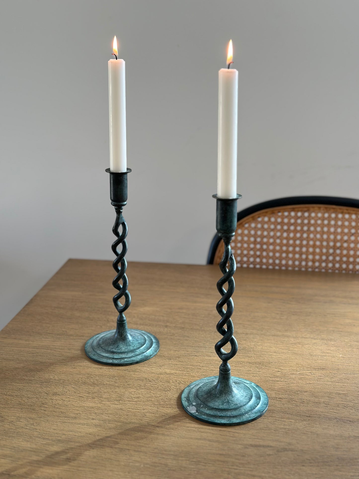 Brass patina spiral candleholders