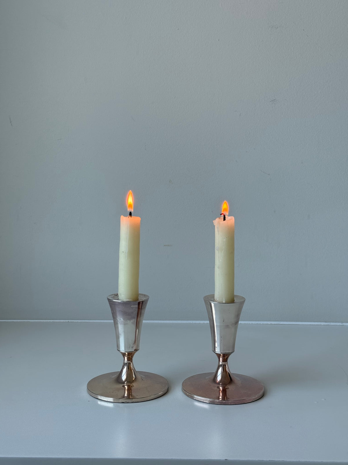 Vintage Silver-Plated Modernist Candlesticks — Pair