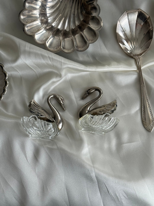 Vintage Italian Silver-plated & Glass Swan Salt Cellar