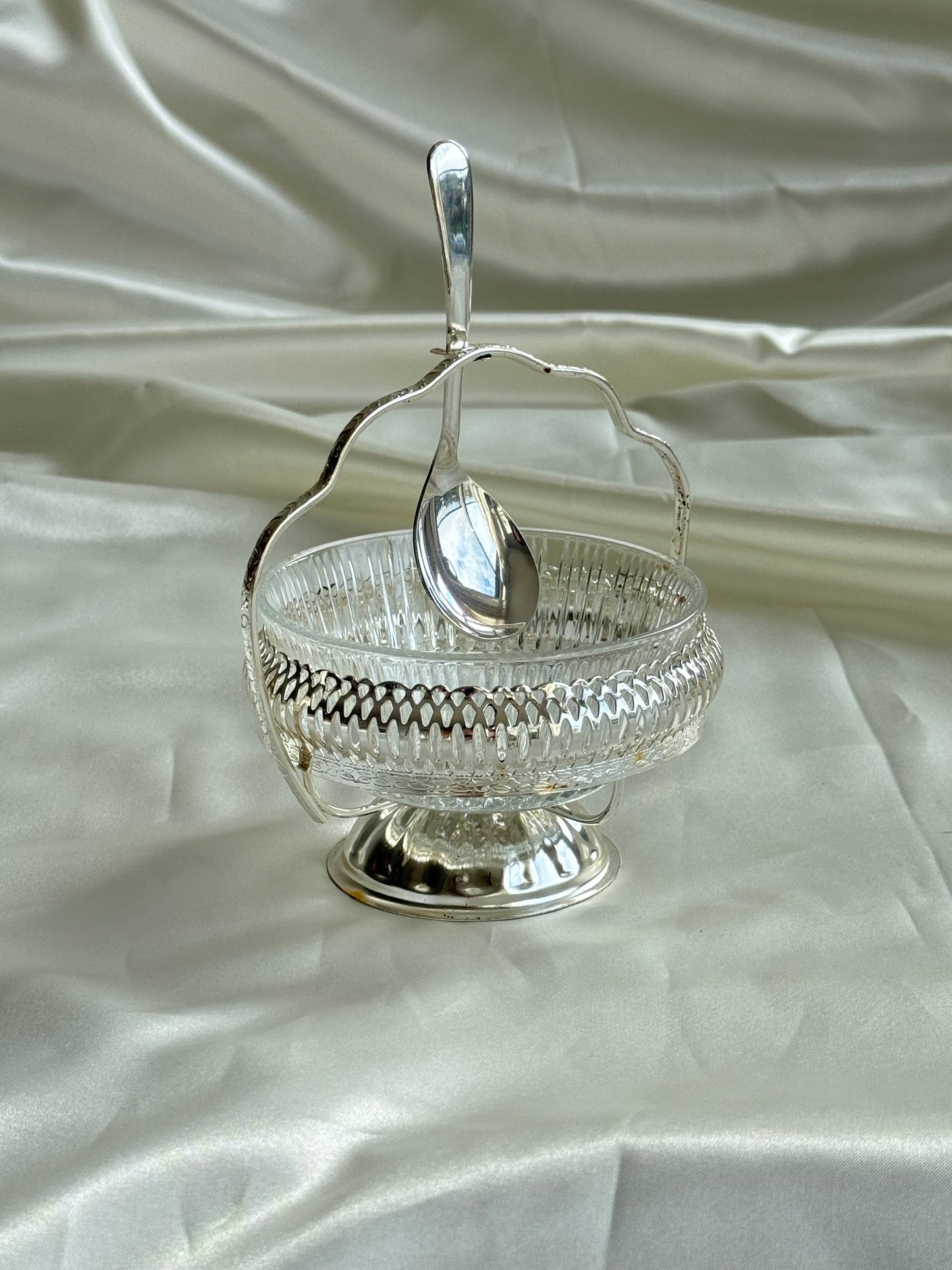 Vintage English Silver Plate Condiment Server with Glass Insert & Spoon
