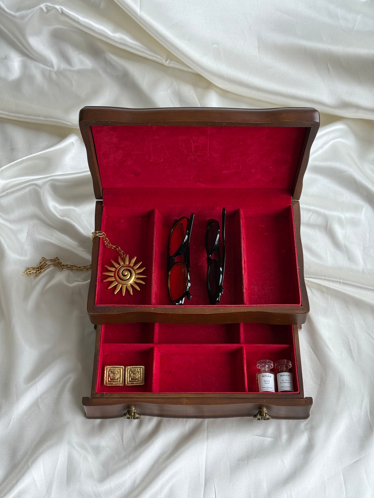 Vintage Wooden Jewelry Box with Red Velvet Interior