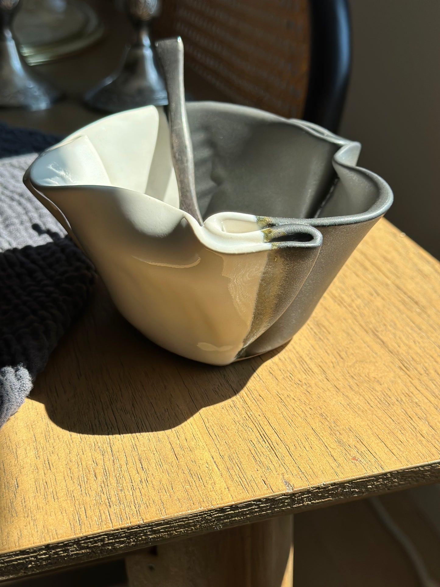 Pottery sugar bowl with spoon