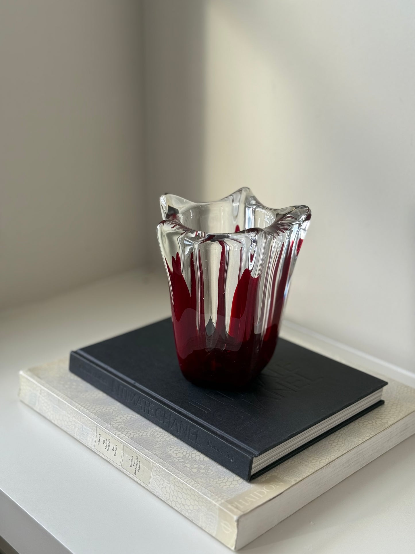 Vintage Murano Style Art Glass Vase – Red & Clear Sculptural Form