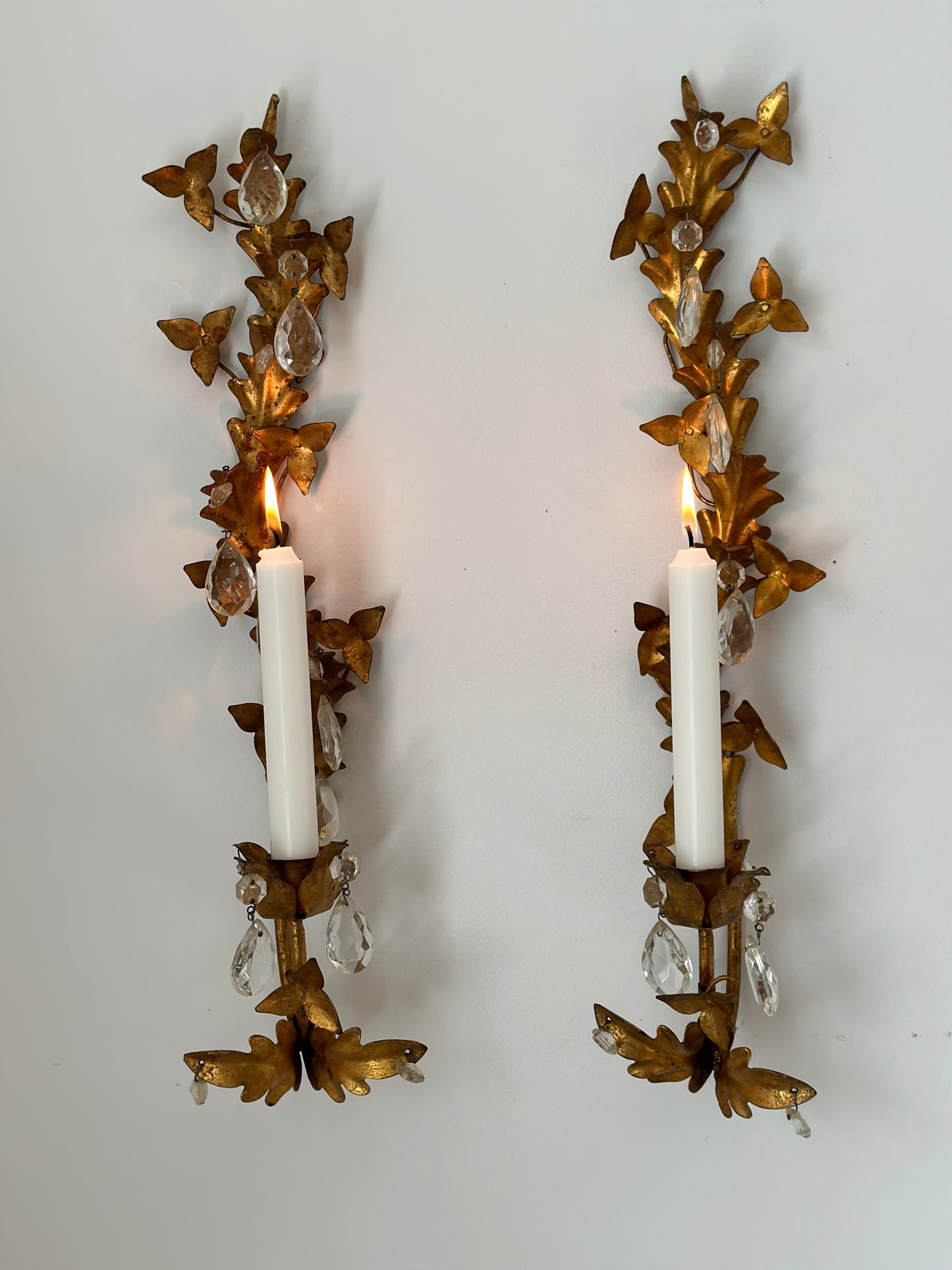 Vintage Italian Gilt Tole & Crystals Candle Sconces