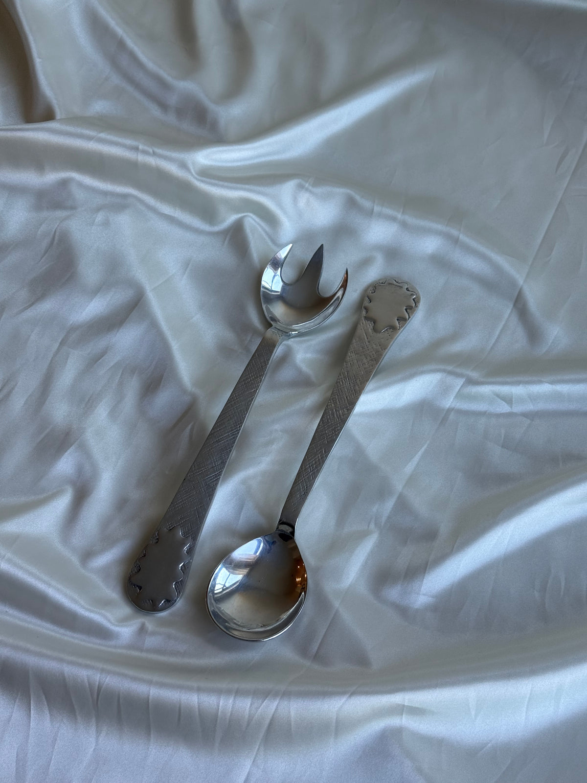 Vintage Pewter Salad Serving Spoon & Fork Set – Textured Handles