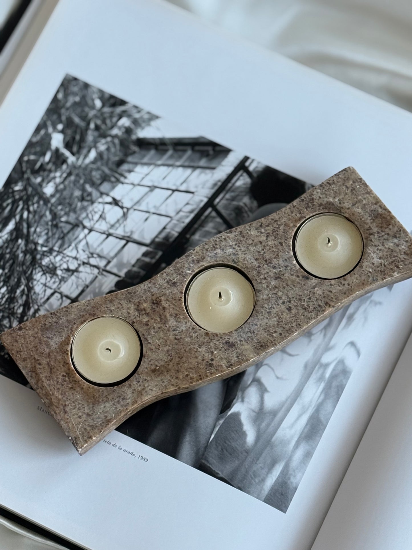 Fossil Stone Triple Tealight Candle Holder