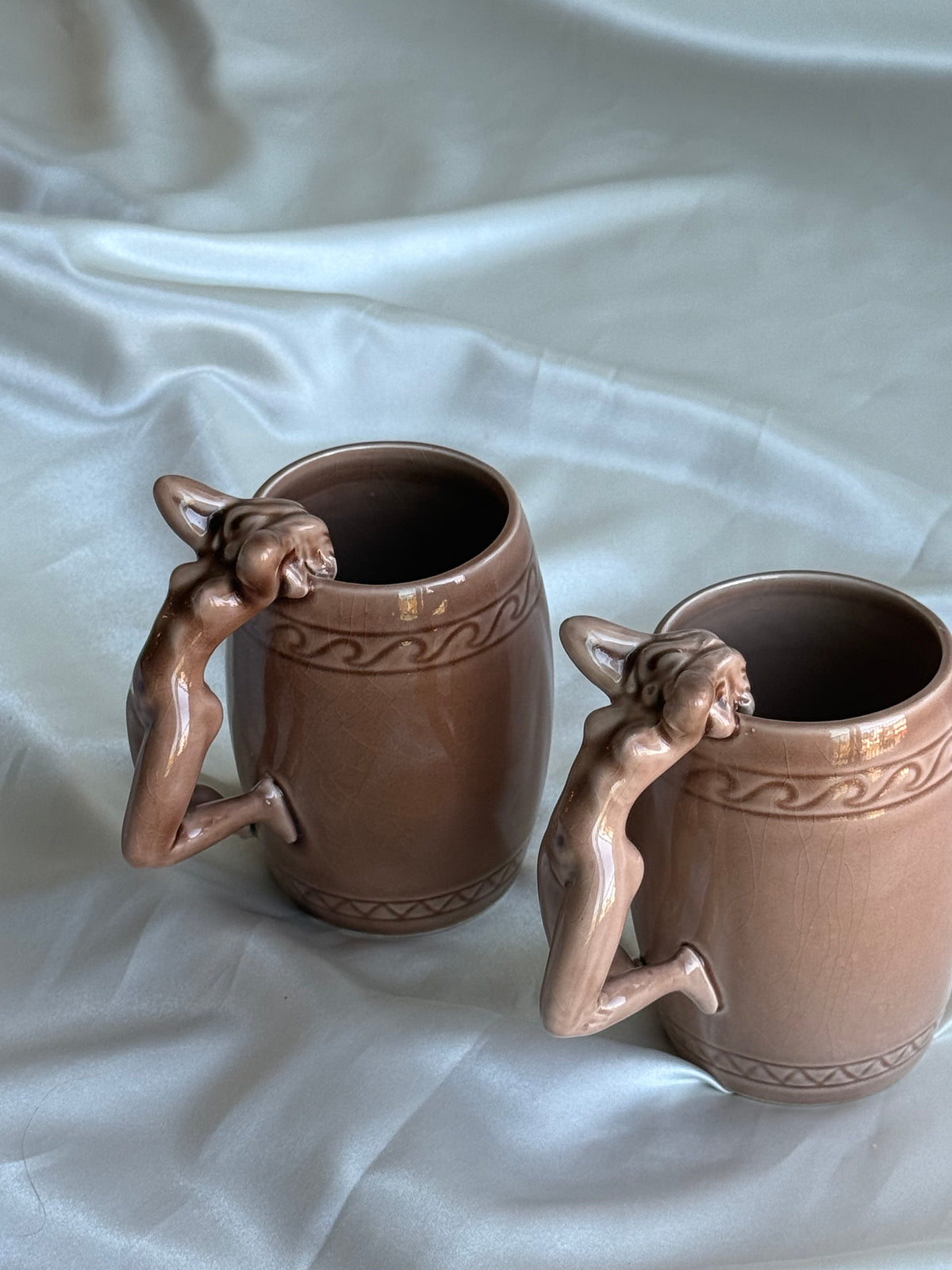 Vintage 1970s Japanese Ceramic Nude Woman Handle Mugs – Set of Two