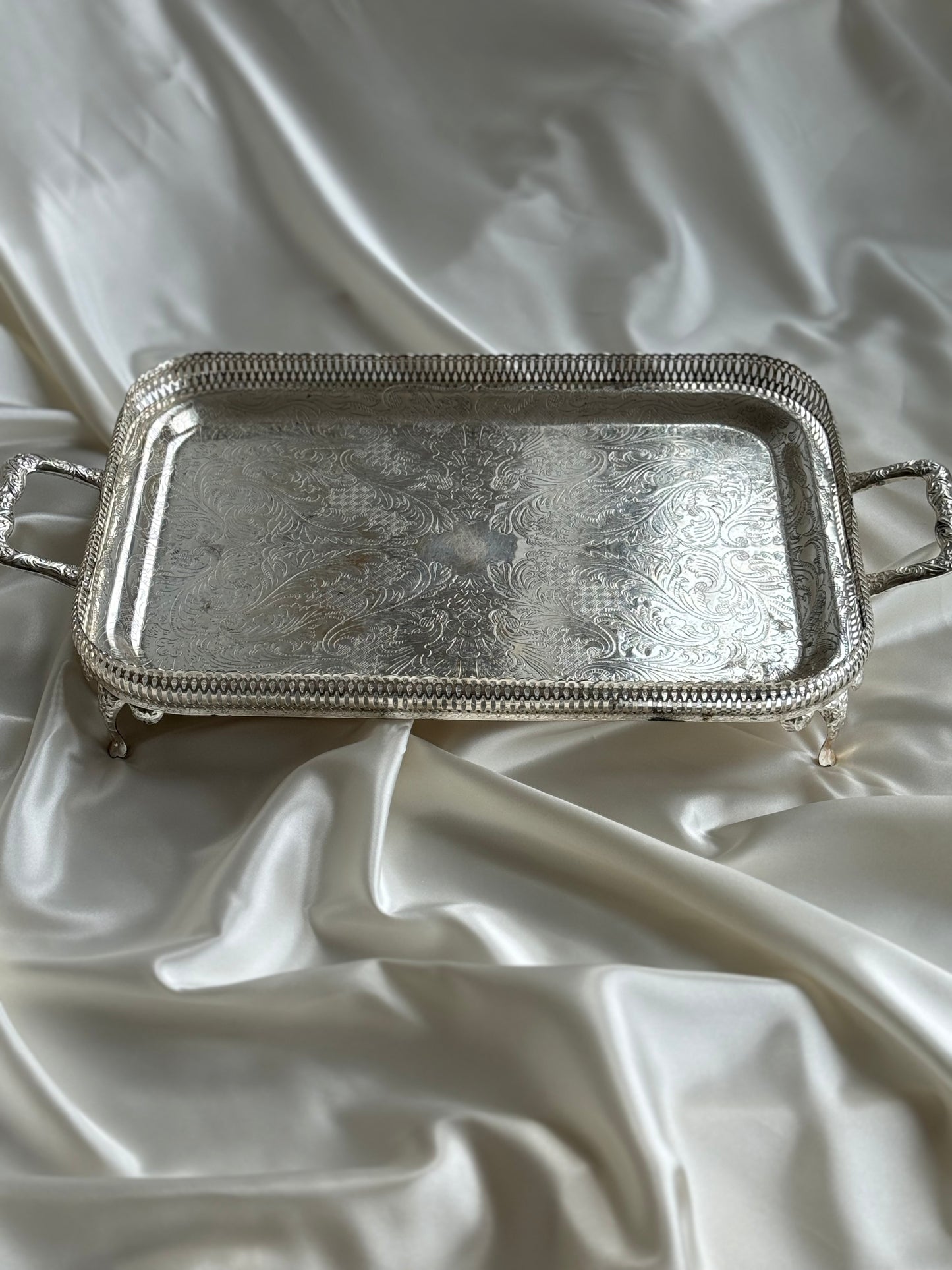 Vintage Silver Plated Serving Tray with Handles – Ornate Footed Design