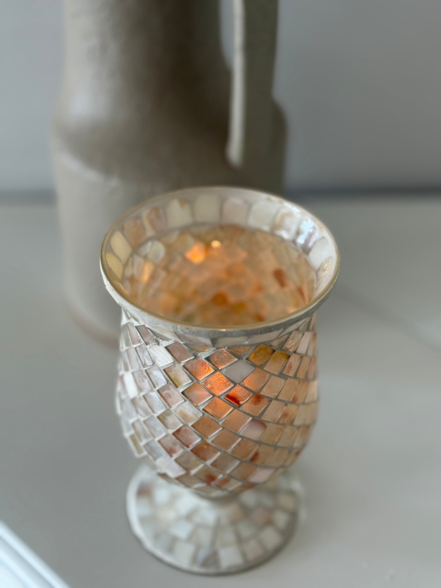 Vintage Mosaic Mother of Pearl Hurricane Candleholder