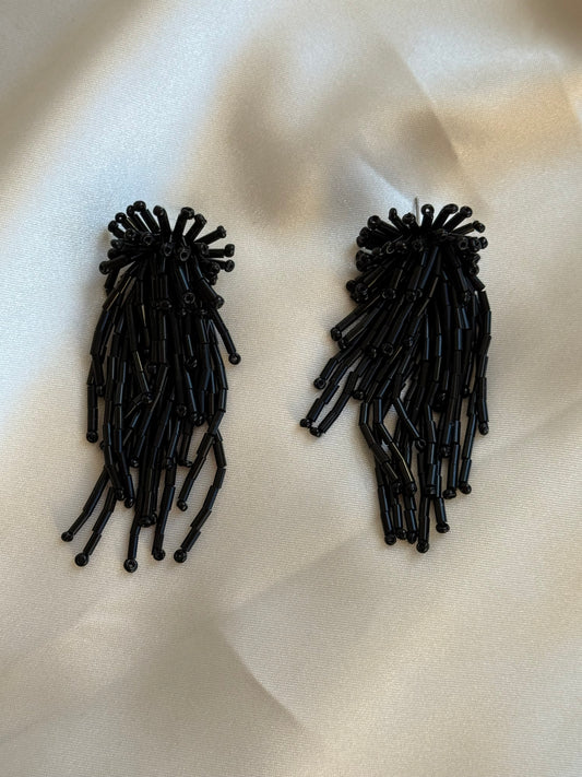 Vintage Black Bugle Bead Fringe Statement Earrings