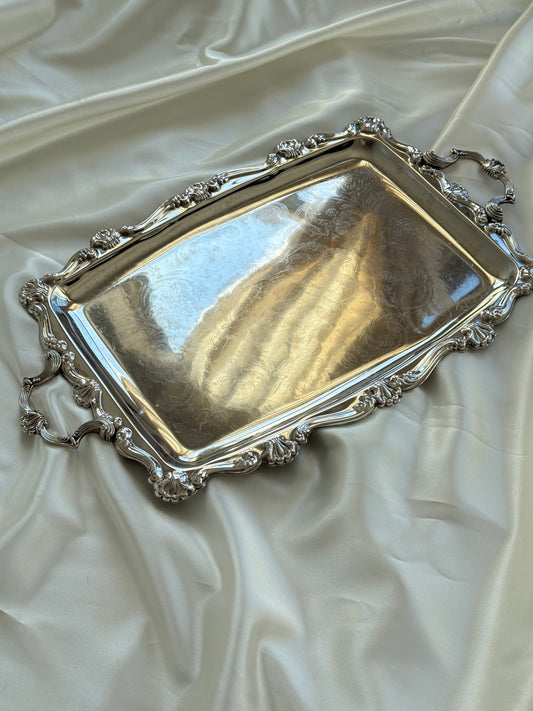Vintage Silver-Plated Serving Tray with Shell Motif Handles
