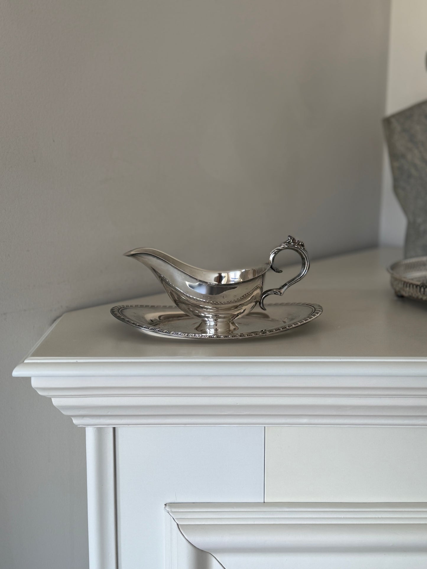 Vintage Silver Plated Gravy Boat with Attached Saucer