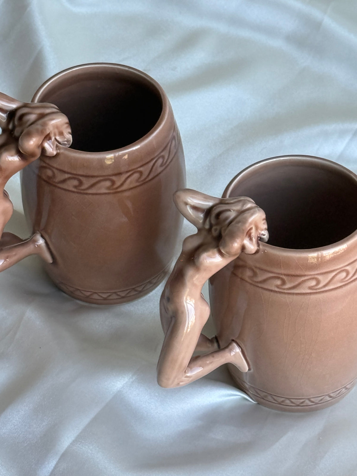 Vintage 1970s Japanese Ceramic Nude Woman Handle Mugs – Set of Two