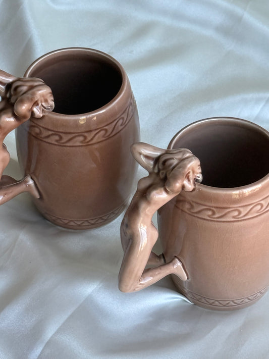 Vintage 1970s Japanese Ceramic Nude Woman Handle Mugs – Set of Two