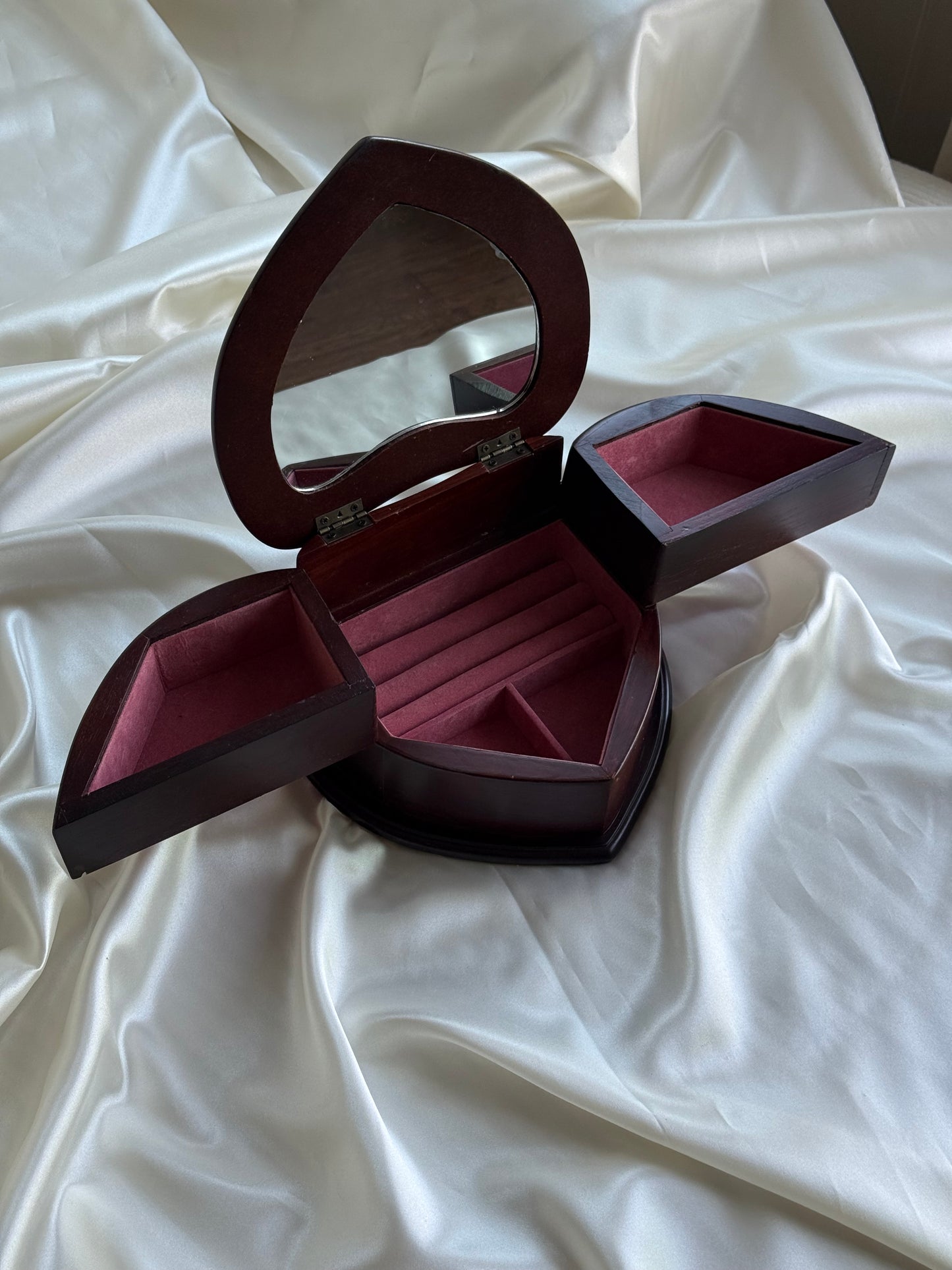 Vintage Heart-Shaped Wooden Jewelry Box with Mirror