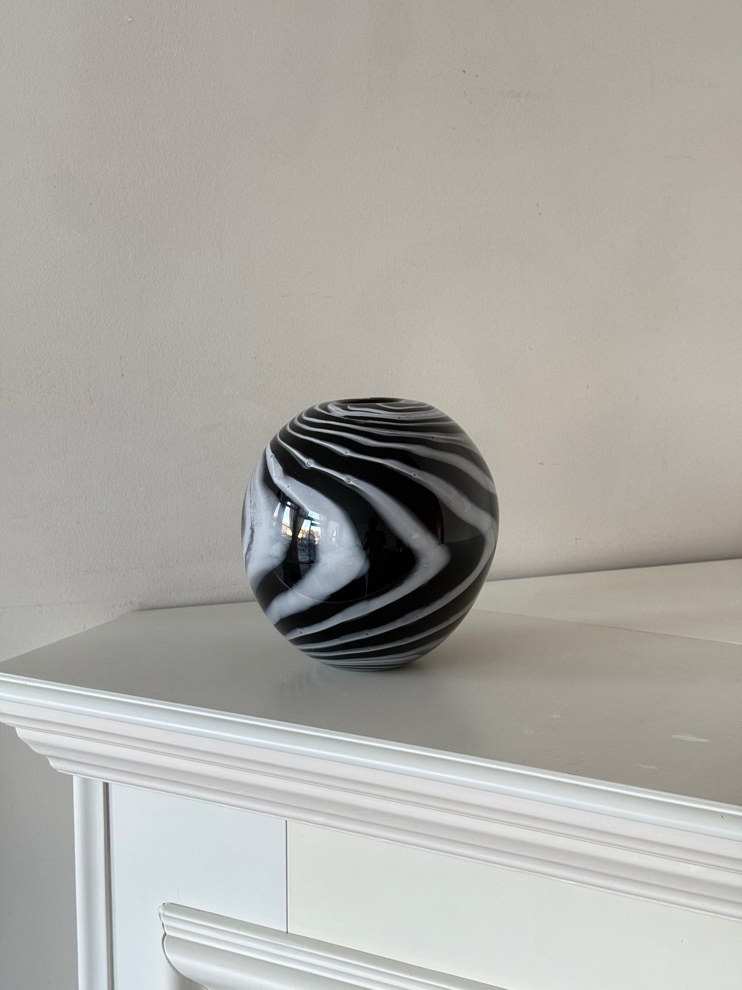 Vintage Hand-Blown Black & White Swirl Glass Vase