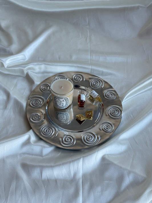 Vintage Sculptural Pewter Charger Plate – Spiral Motif Decorative Tray – 12.5"