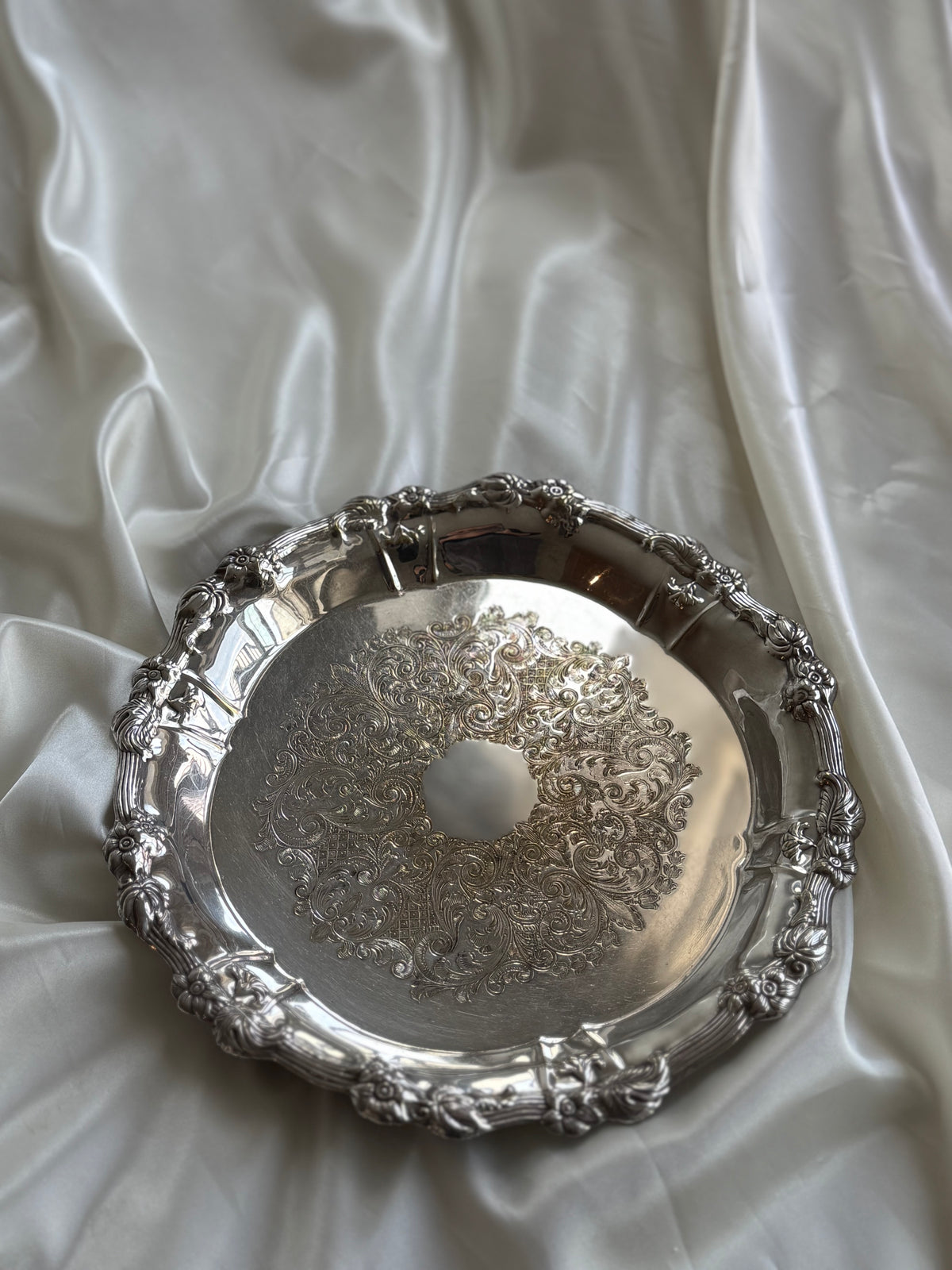 Vintage Ornate Silver Plated Round Serving Tray