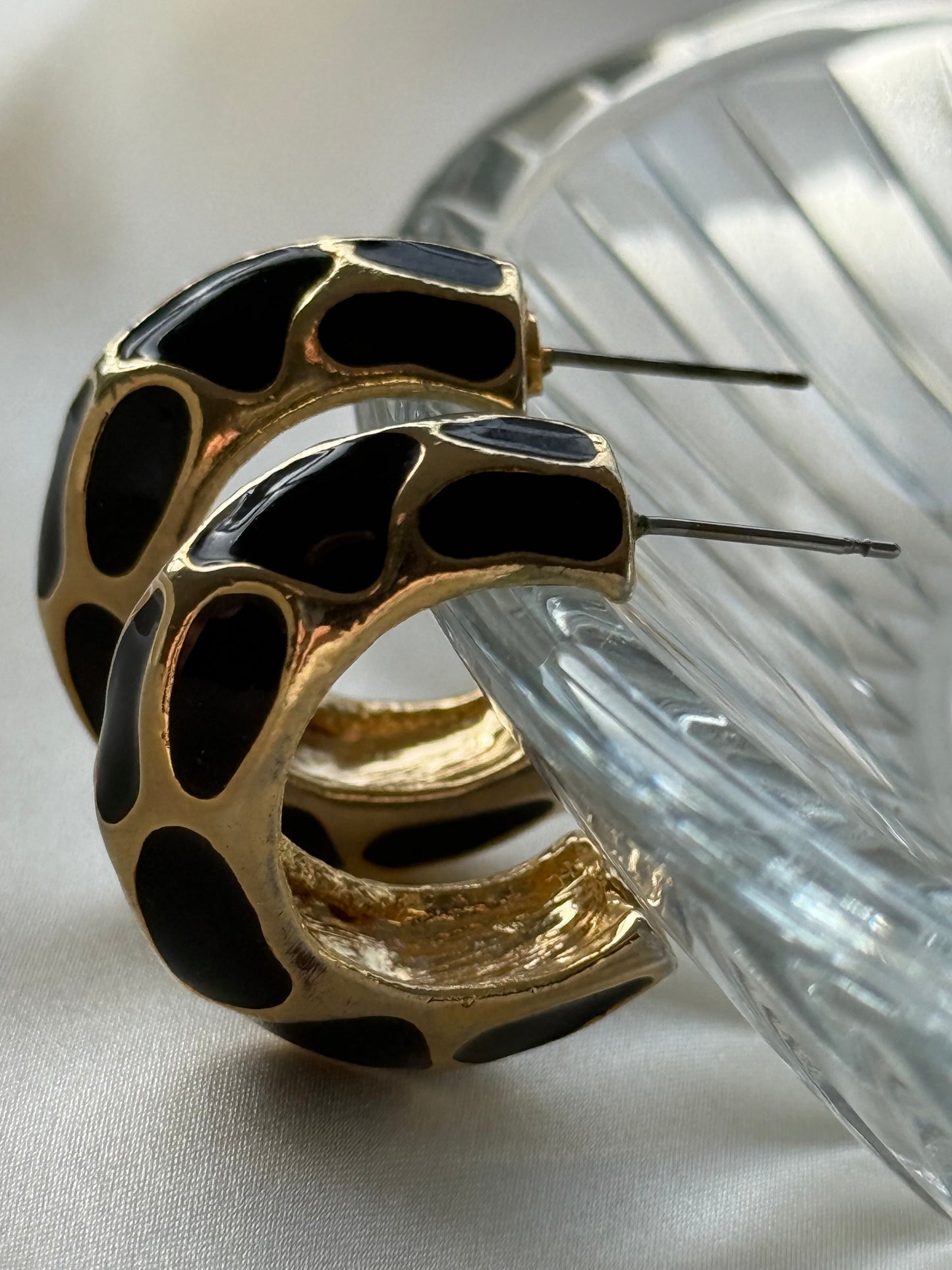 Vintage Gold-Tone Hoop Earrings with Black Enamel Detail