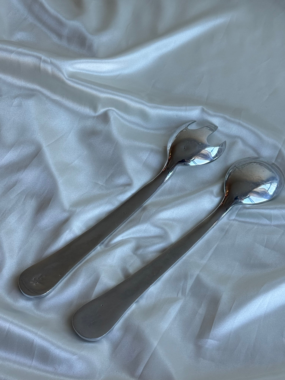 Vintage Pewter Salad Serving Spoon & Fork Set – Textured Handles