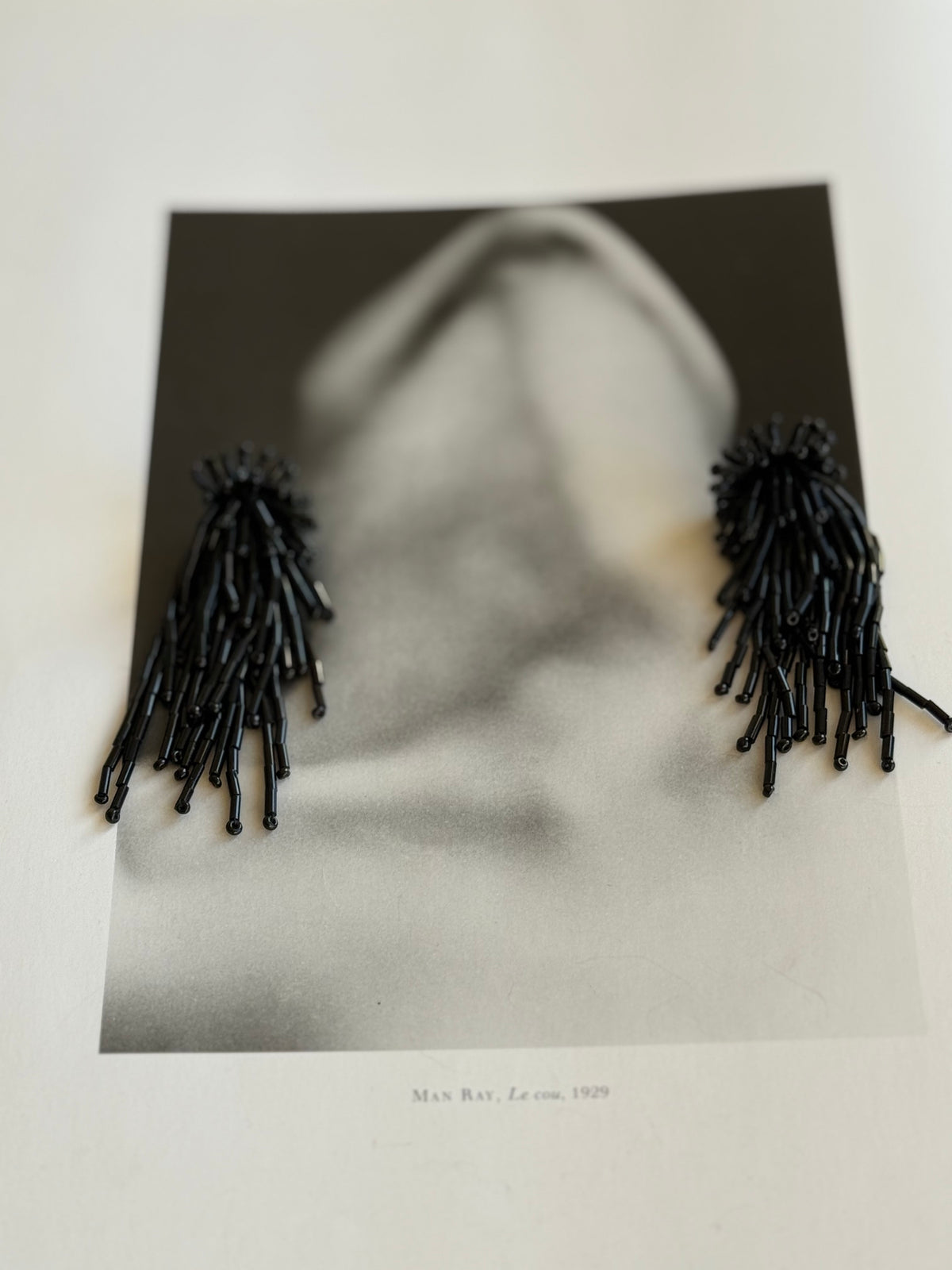 Vintage Black Bugle Bead Fringe Statement Earrings
