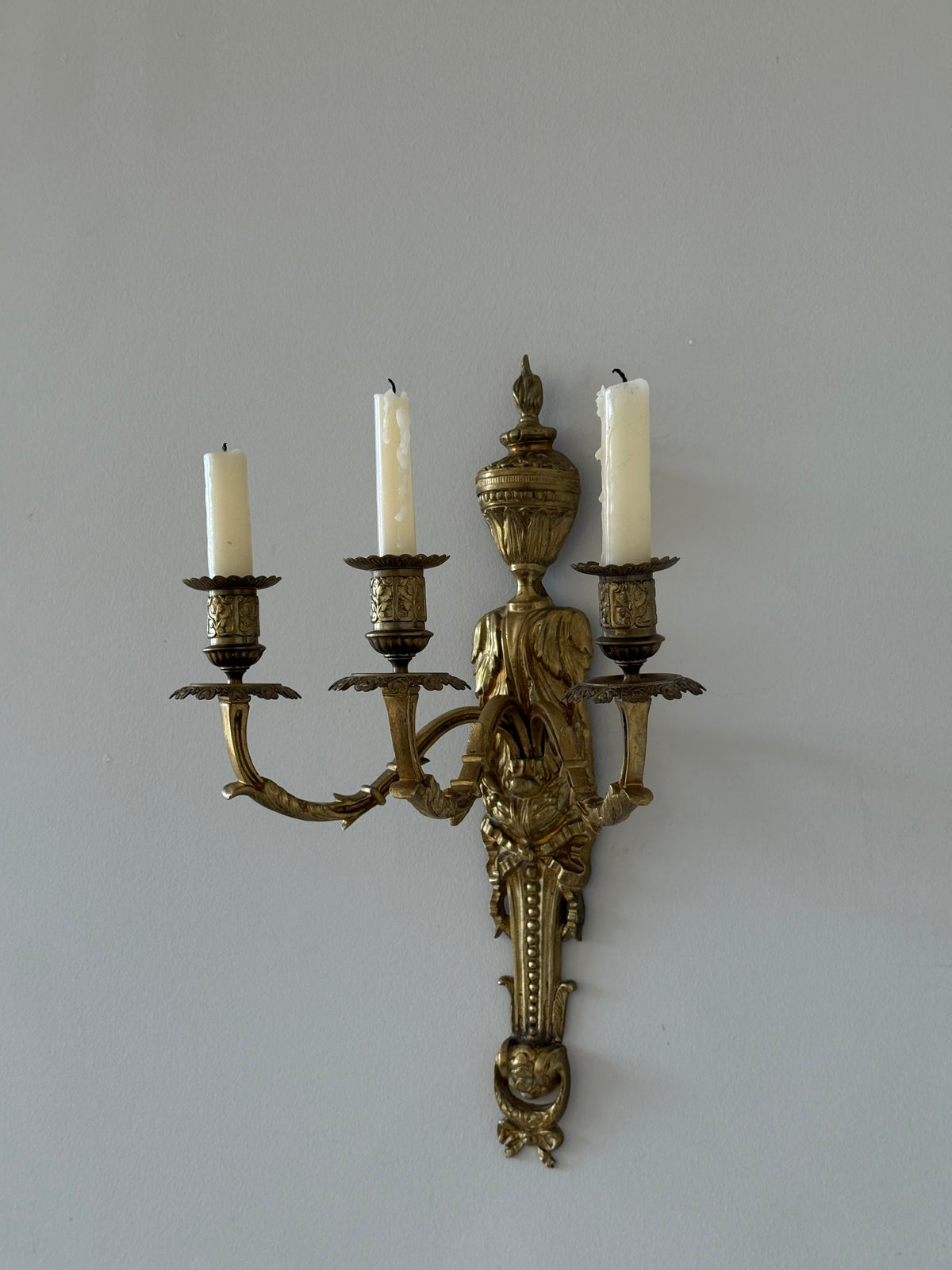 Antique French Solid Brass Three-Arm Wall Sconce, Louis XVI Revival