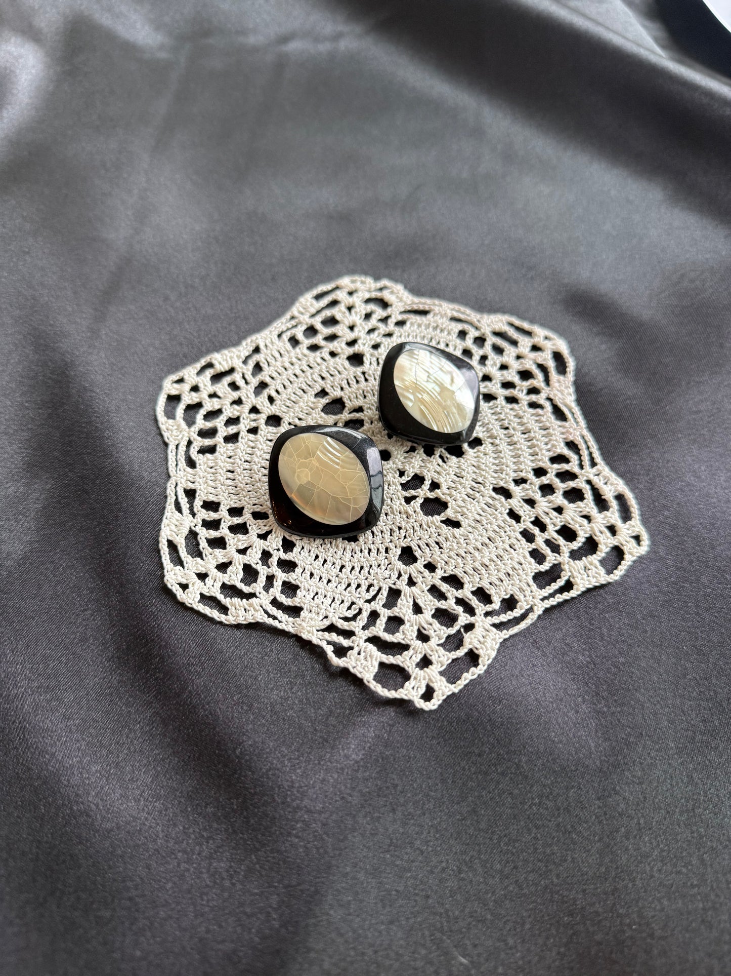 Vintage Black Stud Earrings with Mother-of-Pearl Inlay