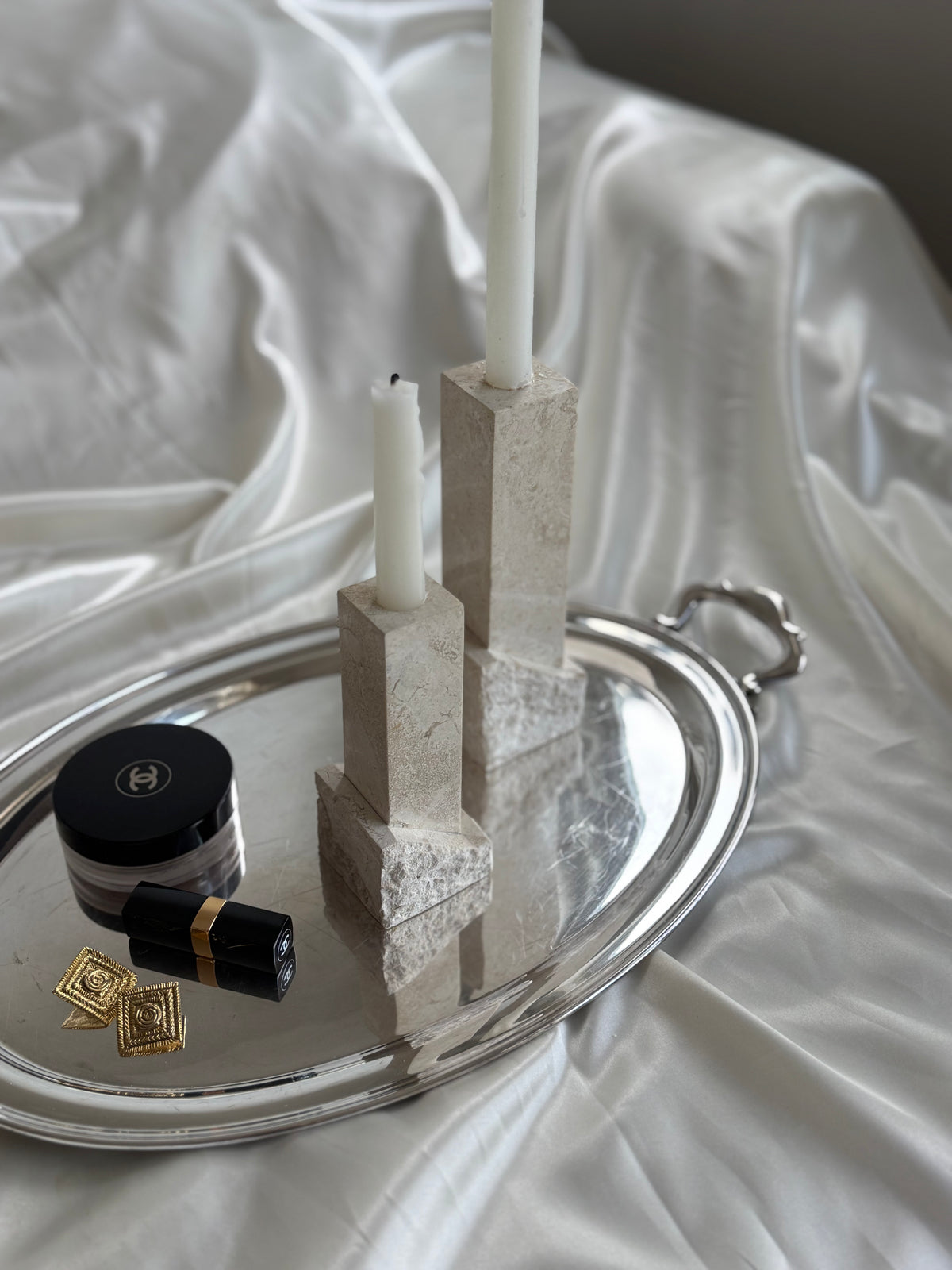 Vintage Renoir Designs Sculptural Travertine Candle Holders – Set of 2