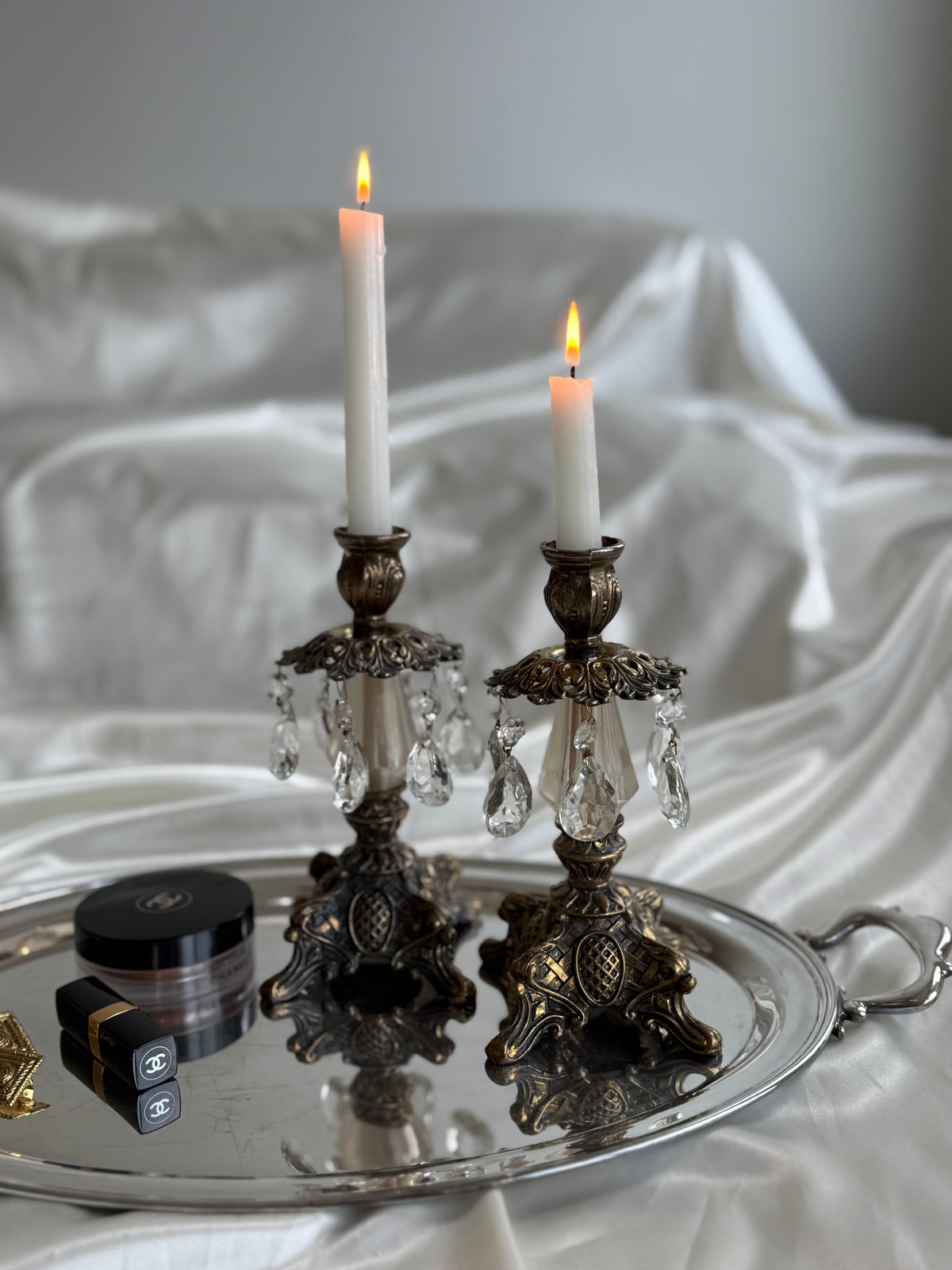 Vintage Hollywood Regency Crystal Prism Candlesticks – Pair