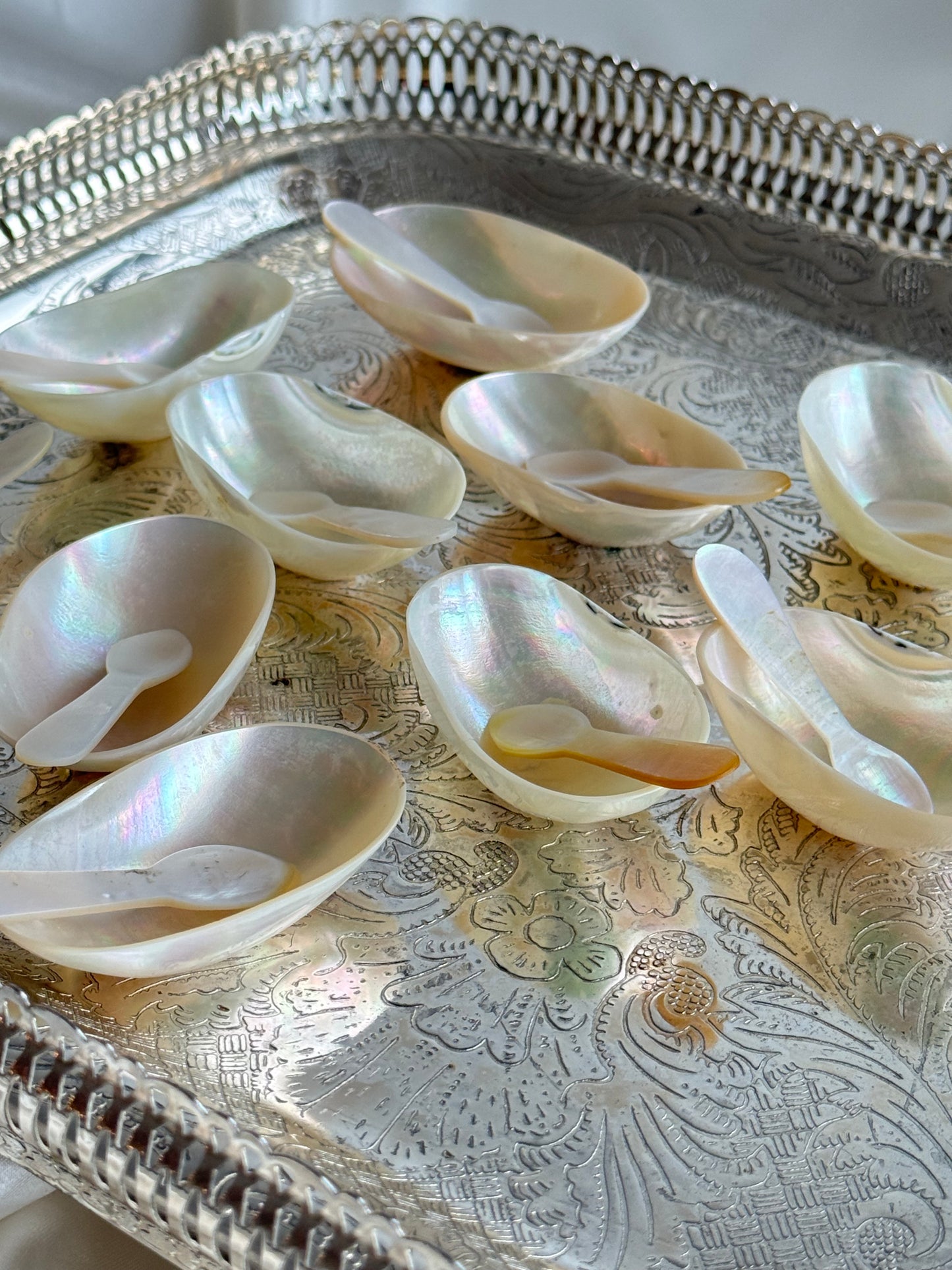 Vintage Mother of Pearl Caviar Serving Dishes – Set of 10 with Mini Spoons