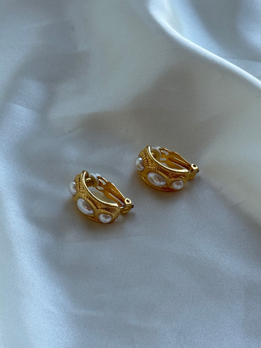 Vintage Faux Pearl Gold-Tone Clip-On Earrings