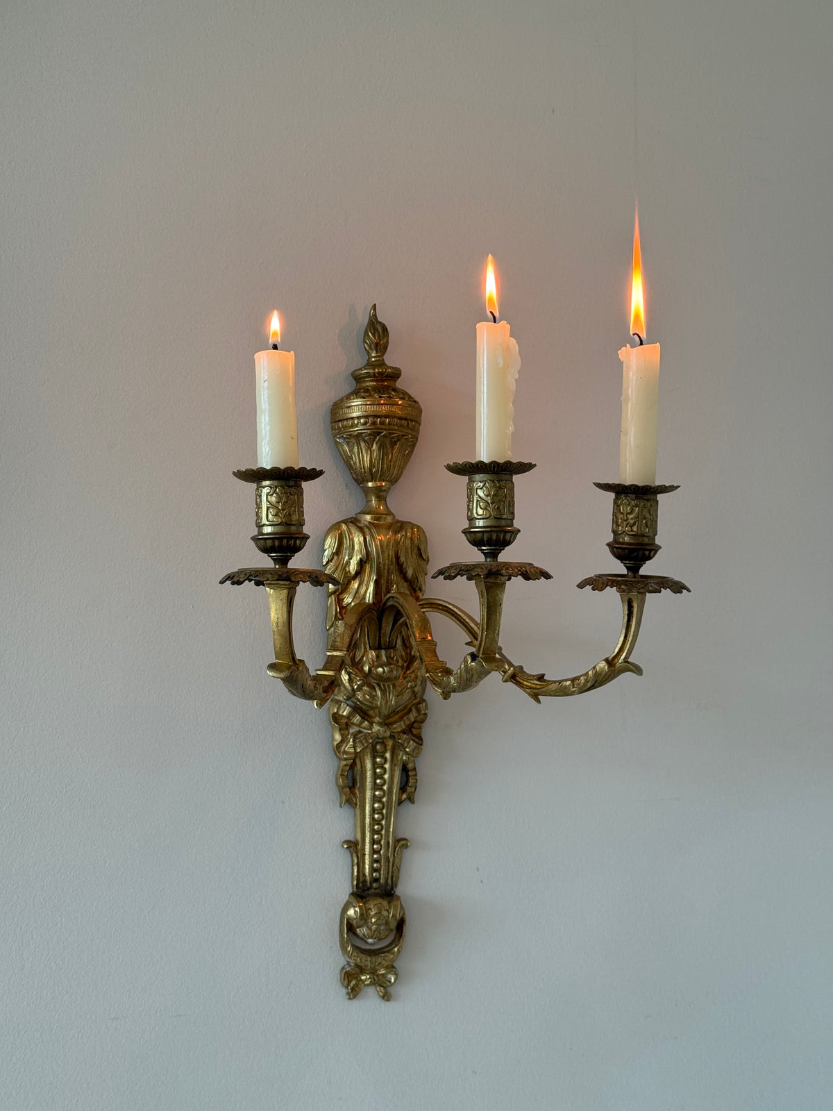 Antique French Solid Brass Three-Arm Wall Sconce, Louis XVI Revival