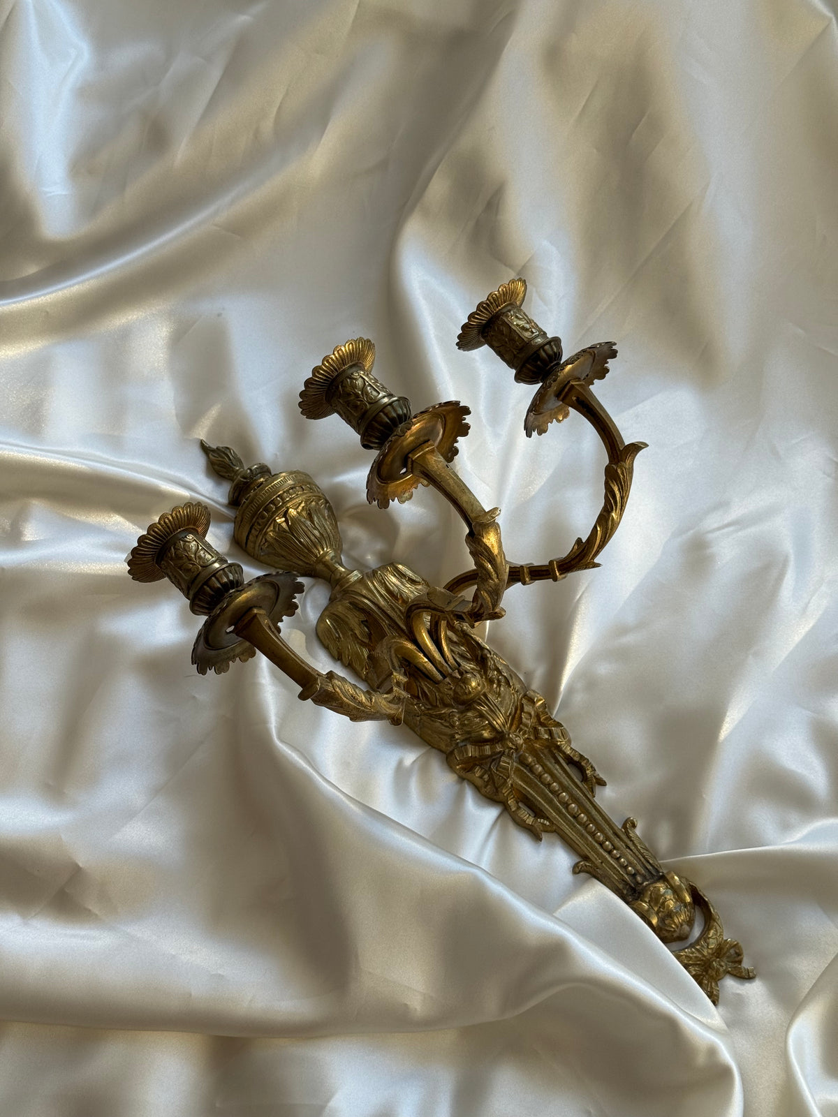 Antique French Solid Brass Three-Arm Wall Sconce, Louis XVI Revival